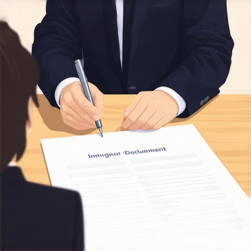 Abogado de inmigración revisando estrategia legal con clientes en una oficina.