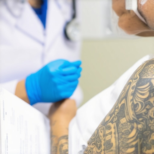 Examen médico de tatuajes para inmigración Médico analizando tatuajes durante proceso de visa en consulado
