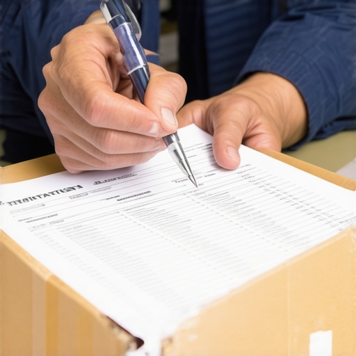 A person carefully filling out immigration change of address forms next to moving boxes.