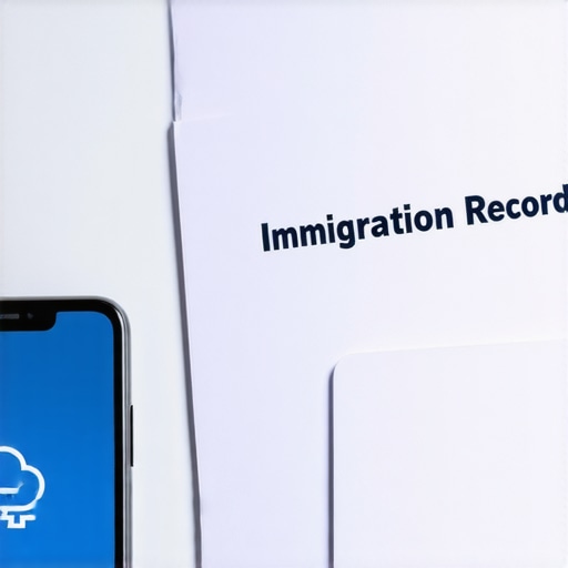 Smartphone y carpeta de documentos migratorios organizados en un escritorio.