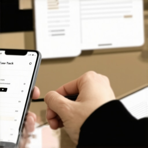 Persona organizando documentos migratorios y usando aplicaciones de seguimiento en su teléfono