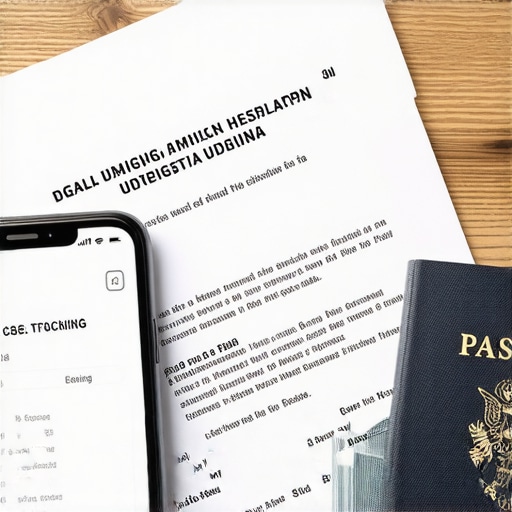 Herramientas de seguimiento para casos de inmigración Teléfono inteligente con aplicación de rastreo de casos de USCIS y documentos legales.