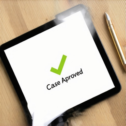 Tablet con aplicación de seguimiento de casos de USCIS y carpetas legales organizadas