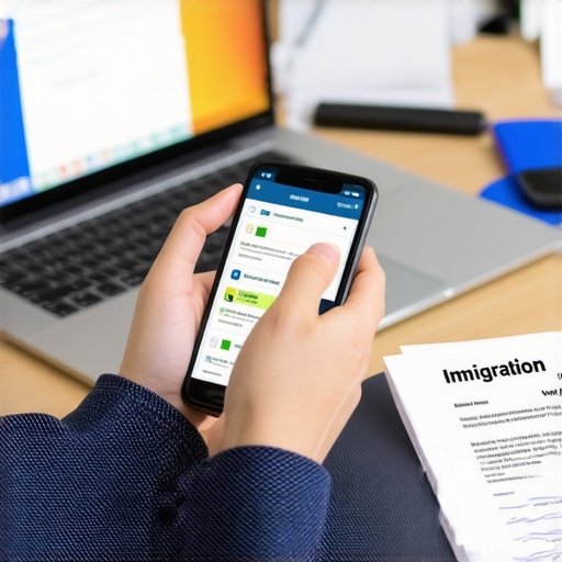 Persona revisando el estatus de su caso migratorio en una aplicación móvil y computadora