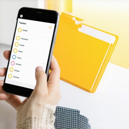 Persona usando app móvil para monitorear estatus migratorio junto a documentos legales organizados