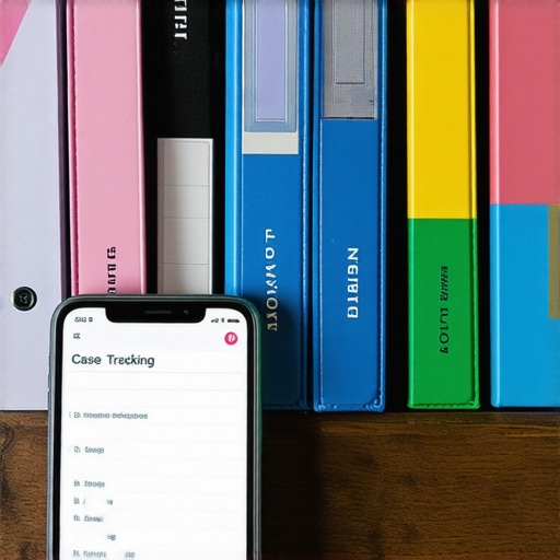 Herramientas digitales y físicas para el control migratorio Smartphone con app de rastreo de casos de USCIS y carpeta de documentos organizada.