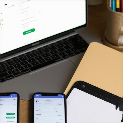 Persona organizando documentos legales y usando apps de seguimiento de USCIS en un escritorio.