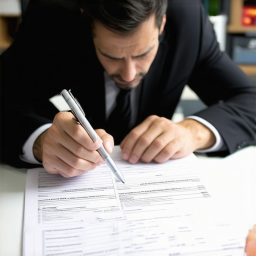 Hombre analizando documentos de fusión de empresa y formularios de inmigración para proteger su visa.