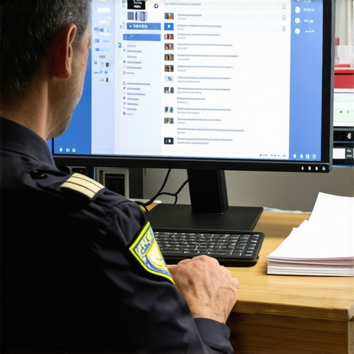 Oficial de inmigración revisando perfiles digitales de un solicitante.