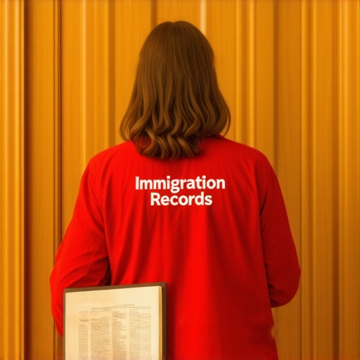Persona sosteniendo documentos legales de inmigración frente a una corte