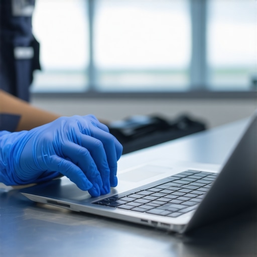 Oficial de aduanas revisando el contenido de una computadora portátil en el área de inspección secundaria.