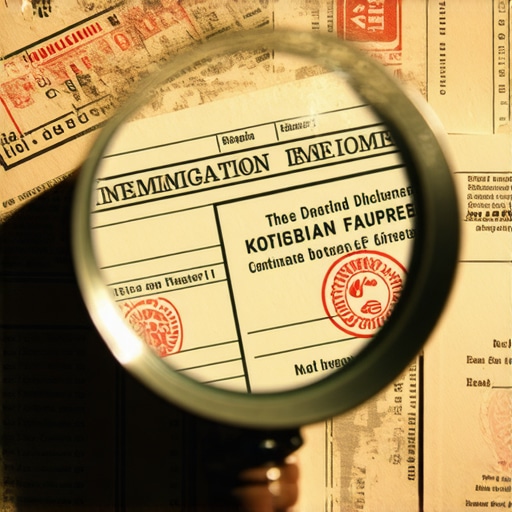 Investigación de expedientes migratorios antiguos Lupa revisando documentos oficiales y huellas dactilares para un trámite de inmigración.