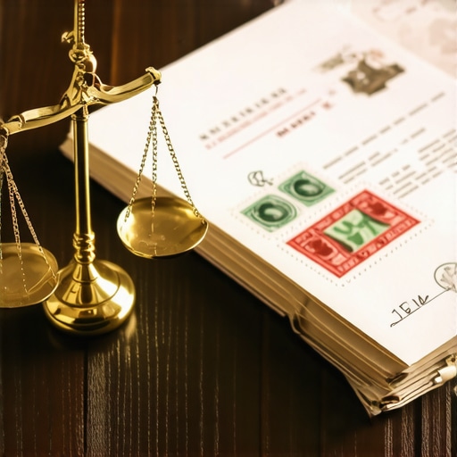 La balanza de la justicia en casos de inmigración Balanza de justicia con documentos legales representando el perdón por fraude migratorio