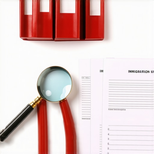 A desk with legal folders and a magnifying glass used for reviewing immigration history.