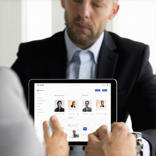 An immigration lawyer discussing digital footprint and case strategy with a client in a professional office.