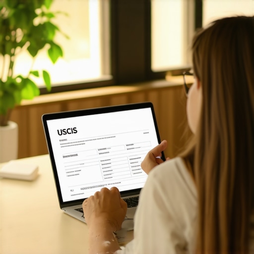 Familia revisando documentos de inmigración y el boletín de visas en una computadora