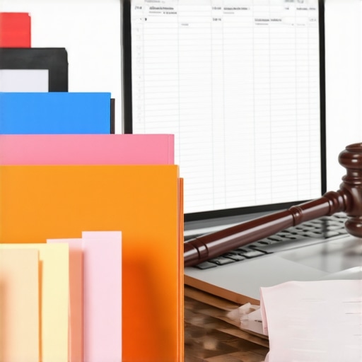 Carpeta de documentos legales y computadora con seguimiento de caso migratorio