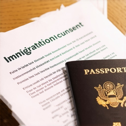 Carpeta con documentos de inmigración organizados para una audiencia judicial