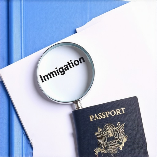 Carpeta de documentos legales y pasaporte sobre un escritorio organizado