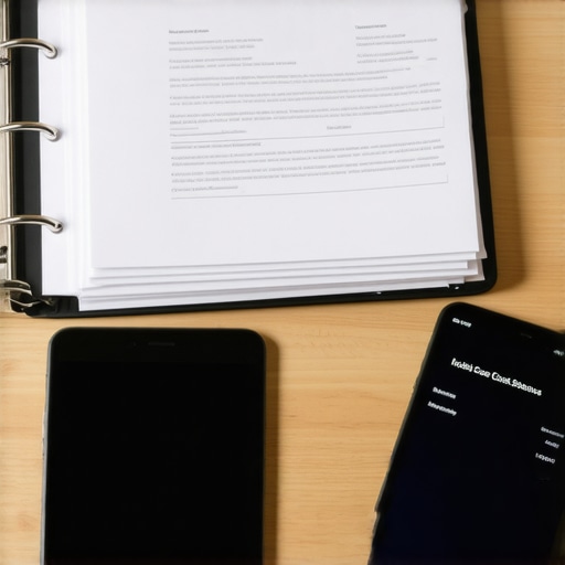 Organización de documentos migratorios Hombre organizando papeles legales y usando app de rastreo de USCIS