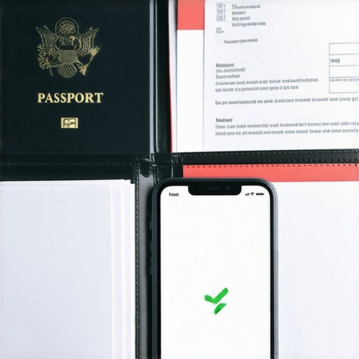 Carpeta con documentos legales de inmigración y aplicación de seguimiento de USCIS en un smartphone.