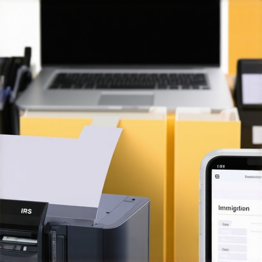 Organización de documentos migratorios y fiscales Escritorio con herramientas para organizar documentos de inmigración y deudas de impuestos