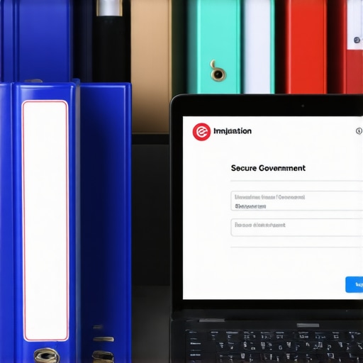 Carpeta de documentos legales y laptop con acceso al portal FOIA de USCIS para inmigrantes.