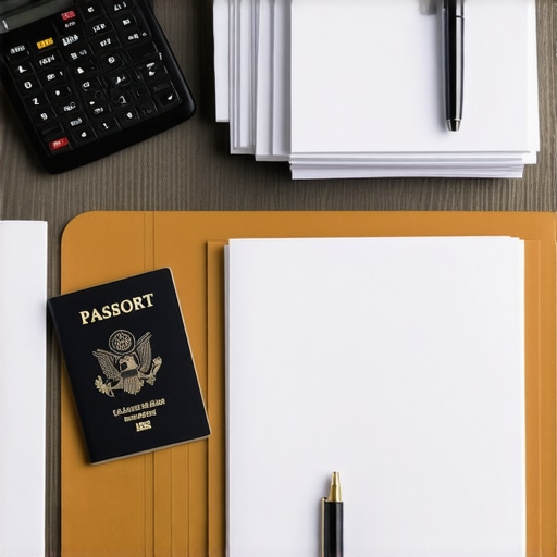 Escritorio con documentos legales organizados para trámite migratorio