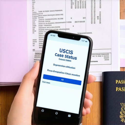Persona revisando el estado de su caso migratorio en una aplicación móvil con documentos legales organizados.