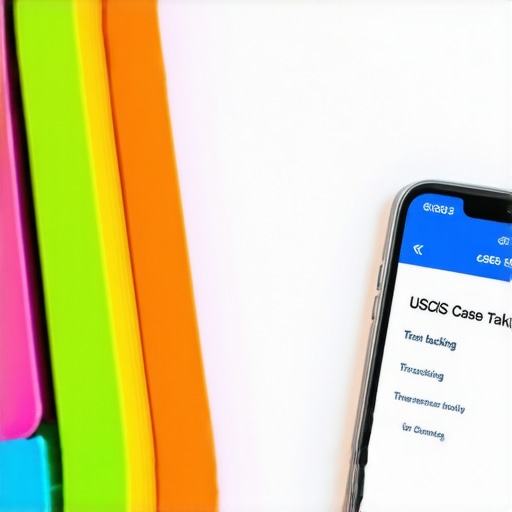 Carpeta de documentos legales y teléfono con alerta de USCIS