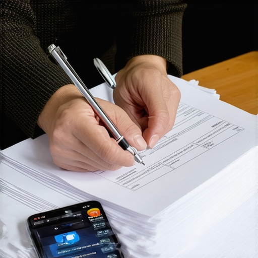 Manos organizando documentos legales y un teléfono inteligente, simbolizando la importancia de la evidencia precisa y la coherencia digital en casos migratorios.