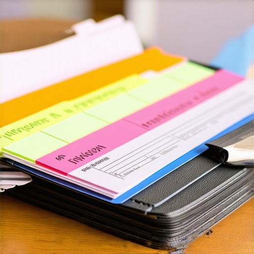Organización impecable de documentos legales para inmigración Carpeta organizada con documentos y etiquetas de colores para una entrevista exitosa ante USCIS