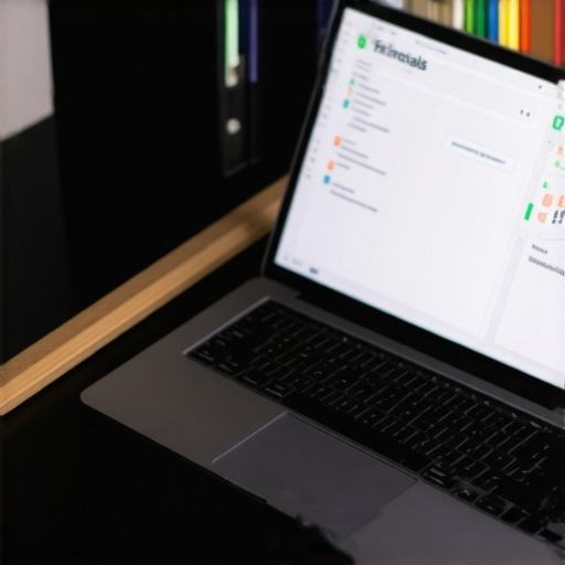 Escritorio con carpeta de documentos migratorios y laptop con archivos digitales organizados