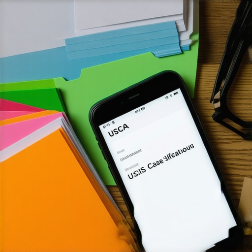 Carpeta organizada con documentos legales y seguimiento digital de caso USCIS