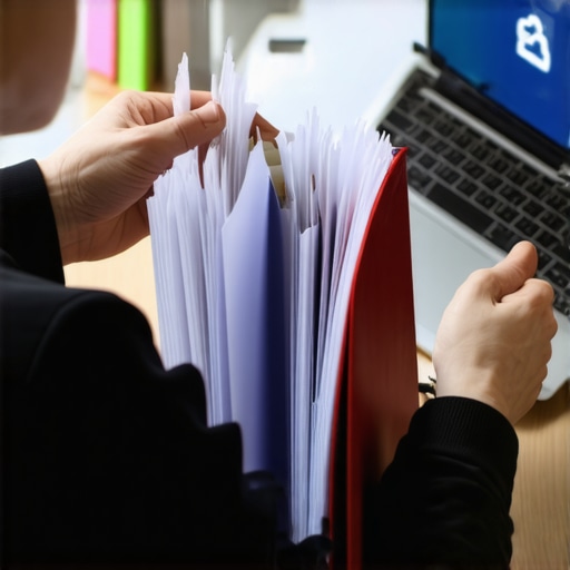 Escritorio organizado con archivos de inmigración y respaldo digital en laptop