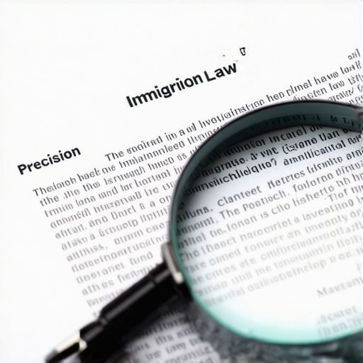 Una lupa revisando detalles minuciosos en un contrato legal de inmigración sobre un escritorio de madera.