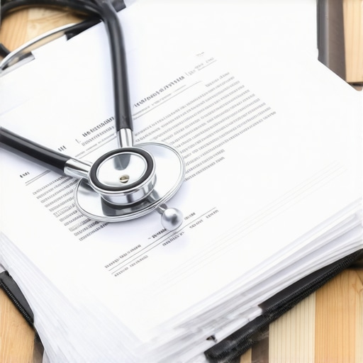 Carpeta con documentos médicos y un estetoscopio para el examen de residencia