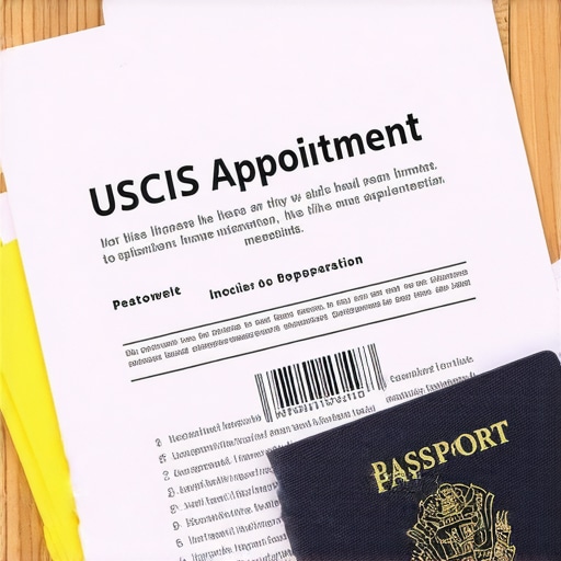 Preparación de documentos para cita de USCIS Documentos originales y carpeta amarilla listos para la cita de biometría.