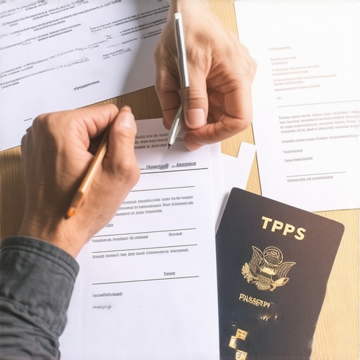 Manos llenando el formulario I-131 de inmigración para solicitar permiso de viaje con TPS