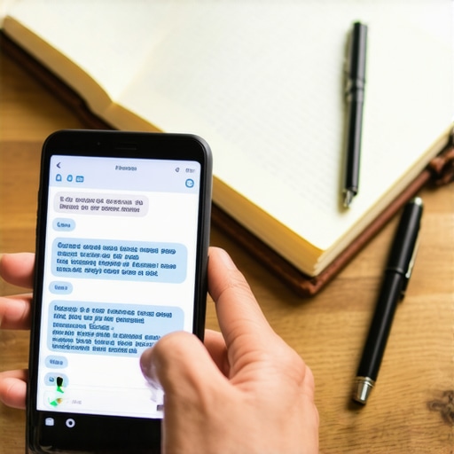 Mano sosteniendo teléfono con mensajes de texto y libreta de notas para documentar explotación laboral