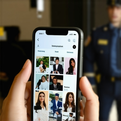 Oficial de inmigración revisando redes sociales en un teléfono móvil durante una entrevista