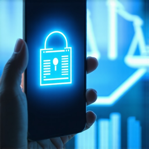 Hand holding a smartphone with an encrypted folder icon representing secure storage of immigration legal papers.
