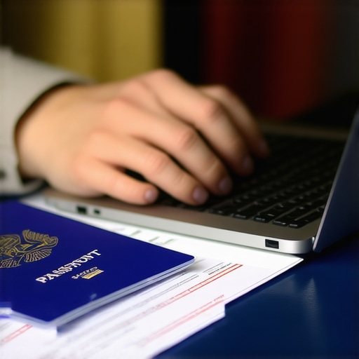 Persona revisando el estado de su visa en una computadora con su pasaporte al lado