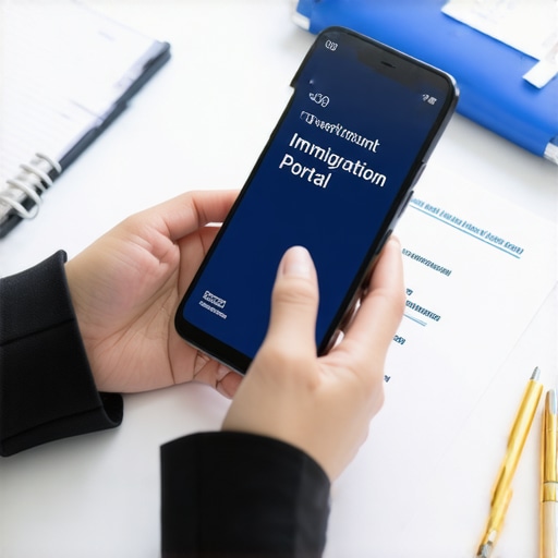 Persona revisando el estado de su caso de inmigración en un teléfono móvil