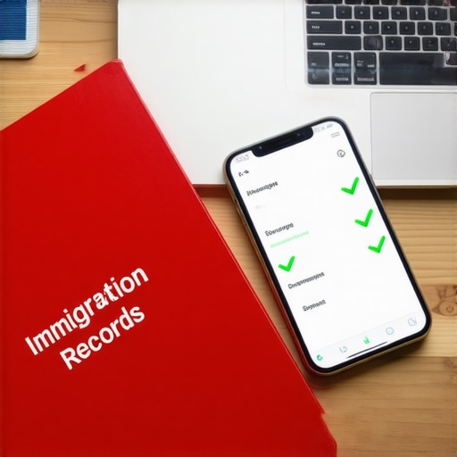 Sistema de organización para documentos de inmigración Carpeta roja de registros y smartphone con aplicación de seguimiento de casos de USCIS