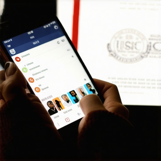 A person scrolling through social media while an immigration document lies in the background.