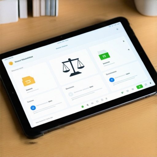 Tableta con software de cumplimiento migratorio y documentos organizados en una oficina profesional