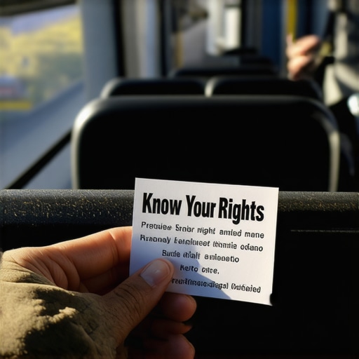 Persona sosteniendo una tarjeta de derechos legales frente a un oficial en un autobús