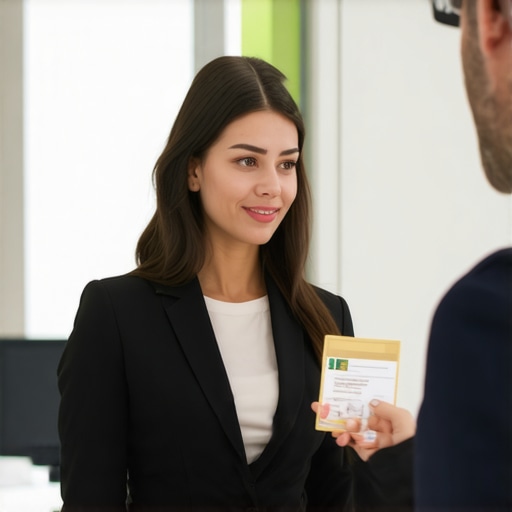 Oficial mostrando identificación de USCIS a un recepcionista en una oficina corporativa